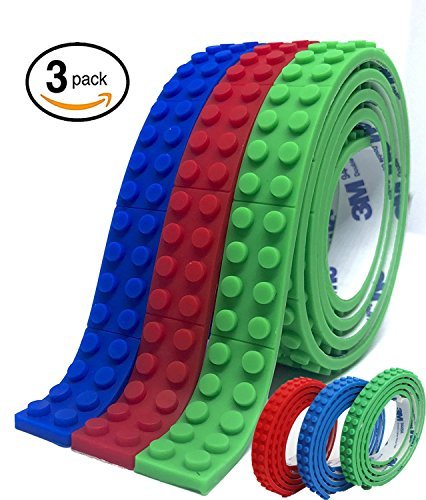 (3 Pack) Building Block Tape Rolls 9.8 Ft. In Total : 3.28 Ft. Each Color Compatible with Lego Blocks Self-Adhesive Red Blue and Green, Non-Toxic Perfect for Kids of All Ages