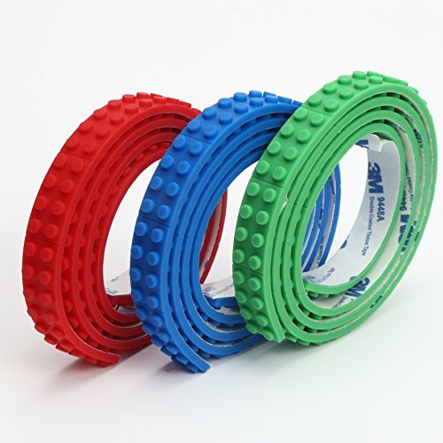 (3 Pack) Building Block Tape Rolls 9.8 Ft. In Total : 3.28 Ft. Each Color Compatible with Lego Blocks Self-Adhesive Red Blue and Green, Non-Toxic Perfect for Kids of All Ages