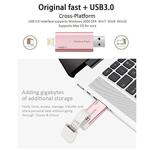 [Apple MFI Certified] Addon Pen Drive iFlash USB 3.0 Interface Flash Drive with Lightning Connector Compatible to All iPod /iPhone /iPad & & Computers(32GB Rose gold)