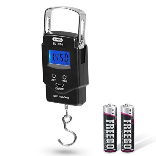 [Backlit LCD Display]Dr.meter PS01 110lb/50kg Electronic Balance Digital Fishing Postal Hanging Hook Scale with Measuring Tape, 2 AAA Batteries Included