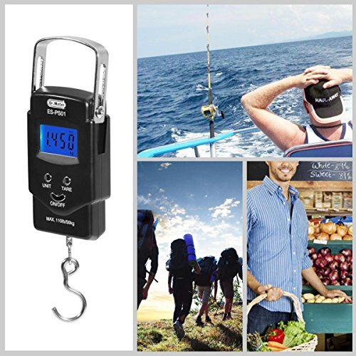 [Backlit LCD Display]Dr.meter PS01 110lb/50kg Electronic Balance Digital Fishing Postal Hanging Hook Scale with Measuring Tape, 2 AAA Batteries Included