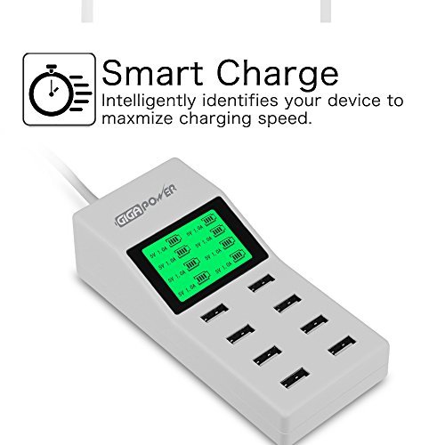 [LCD Display] Fintie 8-Port USB Charger 46W High Speed Charging Station with Intelligent [Auto Detect] Tech Desktop Rapid USB Charging Hub Portable for iPhone, iPad, Galaxy S6 / Edge & More, White