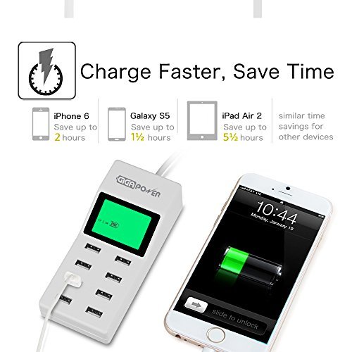 [LCD Display] Fintie 8-Port USB Charger 46W High Speed Charging Station with Intelligent [Auto Detect] Tech Desktop Rapid USB Charging Hub Portable for iPhone, iPad, Galaxy S6 / Edge & More, White