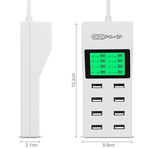 [LCD Display] Fintie 8-Port USB Charger 46W High Speed Charging Station with Intelligent [Auto Detect] Tech Desktop Rapid USB Charging Hub Portable for iPhone, iPad, Galaxy S6 / Edge & More, White