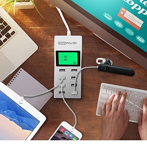 [LCD Display] Fintie 8-Port USB Charger 46W High Speed Charging Station with Intelligent [Auto Detect] Tech Desktop Rapid USB Charging Hub Portable for iPhone, iPad, Galaxy S6 / Edge & More, White