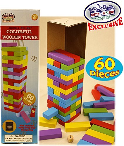 Matty's Mix-Up" Colorful Wooden Deluxe Stacking Game Comes with 60 Color Wood Blocks, 1 Dice & Storage Bag!