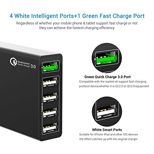 [Quick Charge 3.0] USB Charger, Emixc 50W/10A 5-Port USB Charging Station (Quick Charge 2.0 Compatible) for Samsung Galaxy, LG, iPhone, iPad, Nexus, HTC, Motorola and More(Qualcomm Certified)-Black