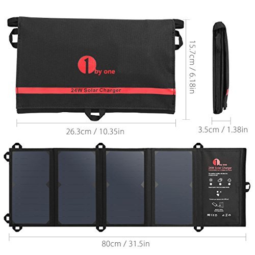 1byone 24W Foldable Solar Charger with 2 USB Ports, portable and highly efficient Solar Panel for iPhone, iPad, iPods, Samsung, Android Smart Phones, Tablets, Any USB Devices and More, Black