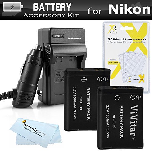 2 Pack Battery And Charger Kit For Nikon Coolpix S3700, S2800 S2900, S33, S7000, S6900, S6400, S5200, S6500, A300, W100 Digital Camera Includes 2 Replacement EN-EL19 Batteries + AC/DC Charger + More