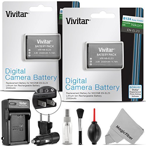 2 Pack Vivitar EN-EL23 Battery and Charger Kit for Nikon Coolpix P900, P600, P610, B700 and S810c (100% Compatible, Fully Decoded 2550mAh Rechargeable Lithium-Ion Batteries)