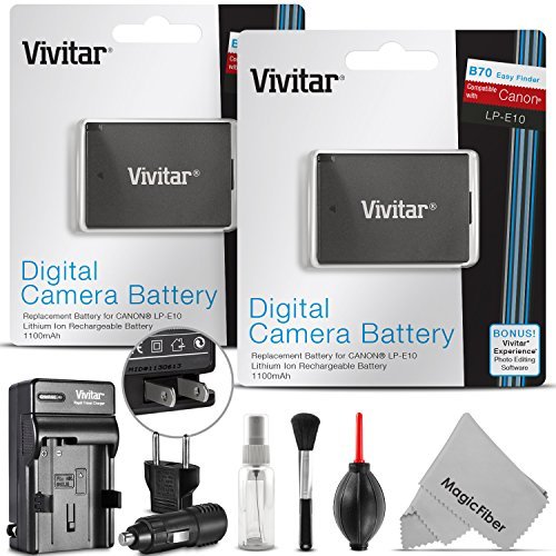 2 Pack Vivitar LP-E10 Battery and Charger Kit for Canon EOS Rebel T6, T5, T3, 1300D, 1200D, 1100D, Kiss X70, Kiss X50 (100% Compatible, Fully Decoded 1100mAh Rechargeable Lithium-Ion Batteries)