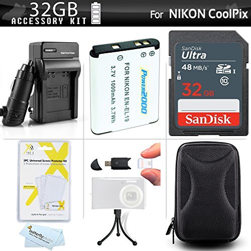 32GB Accessory Kit For Nikon Coolpix S3700 S33 S7000 S6500, S6800, S6900, S3600, A300, W100 Digital Camera Includes 32GB High Speed SD Memory Card + Replacement EN-EL19 Battery + Charger + Case + More