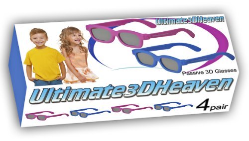 4 pairs - Childrens Passive 3D Glasses for Kids Genuine Ultimate 3D Heaven Sealed RealD Compatible Circular Polarized 3D Glasses for Passive 3D TV's Televisions from Vizio, Toshiba, LG, Philips and JVC and for use in Real-D Theaters