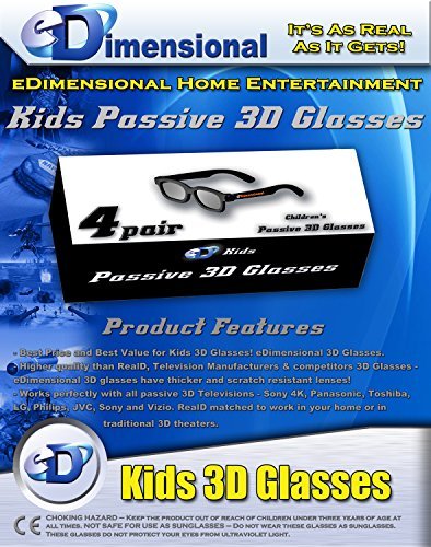 4 pairs - Kids Passive 3D Glasses Genuine eDimensional Sealed RealD Compatible Circular Polarized 3D Glasses for Passive 3D TV's Televisions Including 4K from SONY, Panasonic, Vizio, Toshiba, LG, Philips and JVC and for use in Real-D Theaters