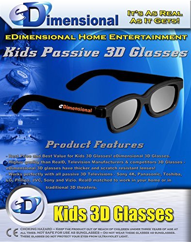 4 pairs - Kids Passive 3D Glasses Genuine eDimensional Sealed RealD Compatible Circular Polarized 3D Glasses for Passive 3D TV's Televisions Including 4K from SONY, Panasonic, Vizio, Toshiba, LG, Philips and JVC and for use in Real-D Theaters