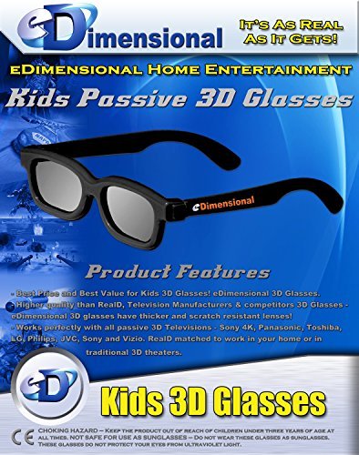 4 pairs - Kids Passive 3D Glasses Genuine eDimensional Sealed RealD Compatible Circular Polarized 3D Glasses for Passive 3D TV's Televisions Including 4K from SONY, Panasonic, Vizio, Toshiba, LG, Philips and JVC and for use in Real-D Theaters