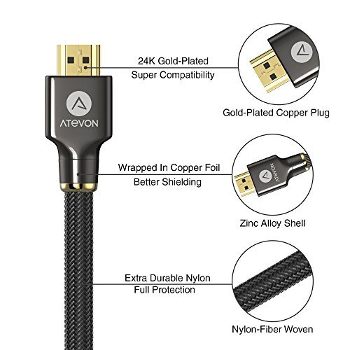 4K HDMI Cable 6ft - Atevon High Speed HDMI 2.0 Cable 18Gbps [Supports 4K HDR, 3D, 2160P, 1080P, Ethernet] - 28AWG Braided HDMI Cord - Audio Return(ARC) for TV, Blu-ray Player, PC, Xbox 360/One, PS4/3