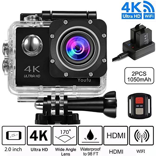 4K WIFI Sports Action Camera, Ultra HD Waterproof Cam DV Camcorder with 16MP Remote Control 30M 170 Degree Wide Angle 2.0 Inch LCD 100 Feet Underwater with Accessories Kits and Rechargeable Battery