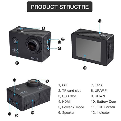 4K WIFI Sports Action Camera, Ultra HD Waterproof Cam DV Camcorder with 16MP Remote Control 30M 170 Degree Wide Angle 2.0 Inch LCD 100 Feet Underwater with Accessories Kits and Rechargeable Battery