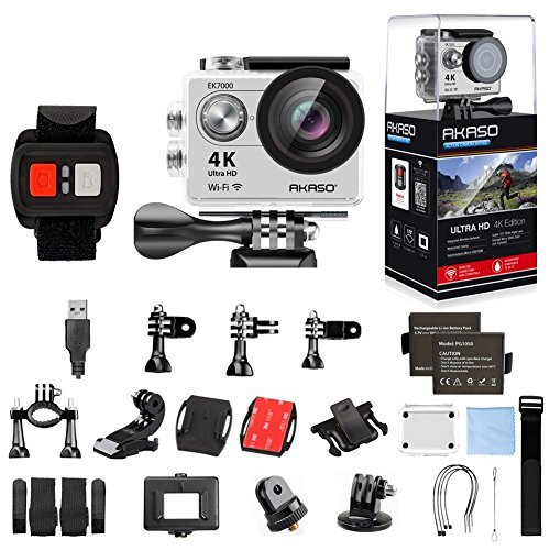 AKASO 4K Wi-Fi sports Action Camera Ultra HD Waterproof DV Camcorder 12MP 170 degree Wide Angle LCD screen/remote, Sage/Silver (EK7000SL)