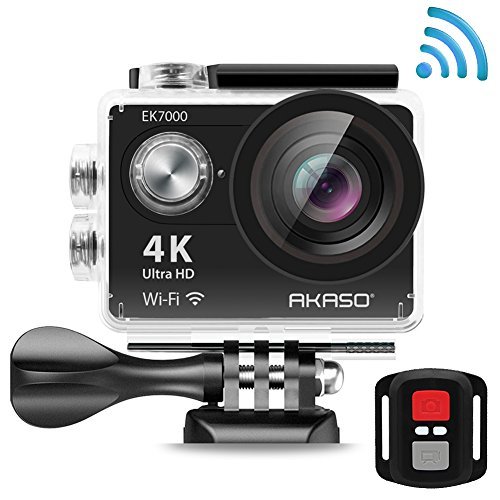 AKASO EK7000 4K Action Camera WIFI Ultra HD Waterproof Camcorder 12MP 170 Degree Wide Angle 2'' LCD Screen/2.4G Remote/Batteries/19 Mounting Kits-Manufacturer Refurbished-Black