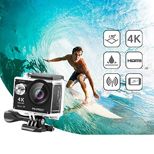 AKASO EK7000 4K Action Camera WIFI Ultra HD Waterproof Camcorder 12MP 170 Degree Wide Angle 2'' LCD Screen/2.4G Remote/Batteries/19 Mounting Kits-Manufacturer Refurbished-Black