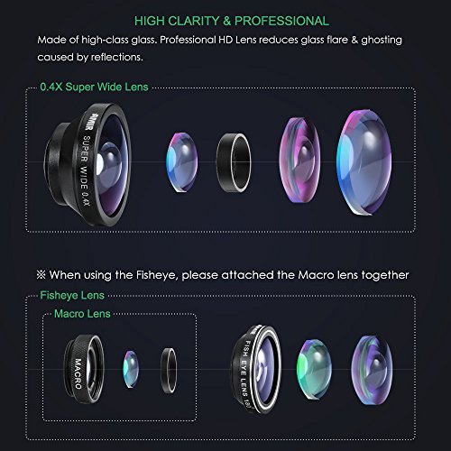 AMIR 3 in 1 Fisheye Lens & Macro Lens & 0.4X Super Wide Angle Lens, Clip on Cell Phone Lens Camera Lens Kits for iPhone 7, 6s, 6, 5s & Most Smartphones