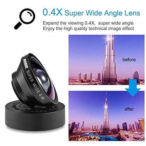 AMIR 3 in 1 Fisheye Lens & Macro Lens & 0.4X Super Wide Angle Lens, Clip on Cell Phone Lens Camera Lens Kits for iPhone 7, 6s, 6, 5s & Most Smartphones