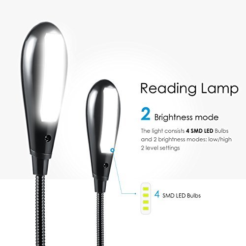 AMIR 4 LED Book Light, Music Stand Light Lamp, Rechargeable and Flexible, Daylight White, Travel Light, Clip Light with Stand, for Reading at Night and eye-friendly with USB Cable & AC Charger