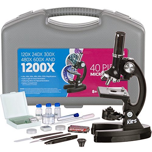 AMSCOPE-KIDS M30-ABS-KT1 Beginner Microscope Kit, LED and Mirror Illumination, 120x - 1200x Six Magnifications, Metal Frame and Base, Includes 48-Piece Accessory Set and Case