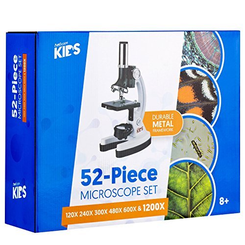 AMSCOPE-KIDS M30-ABS-KT2-W Microscope Kit with Metal Arm and Base, 6 Magnifications from 20x to 1200x, Includes 52-Piece Accessory Set and Case, Awarded The 2016 Top Pick of Microscopes For Beginners