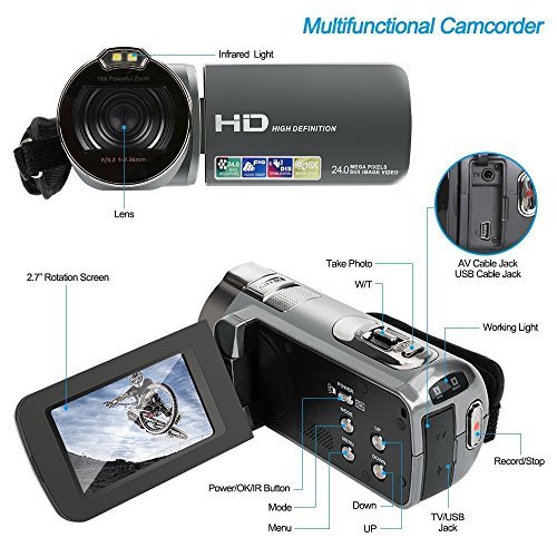 ANDEX Camera Camcorders, HD 1080P 24MP 16X Digital Zoom Video Camcorder with 2.7" LCD and 270 Degree Rotation Screen