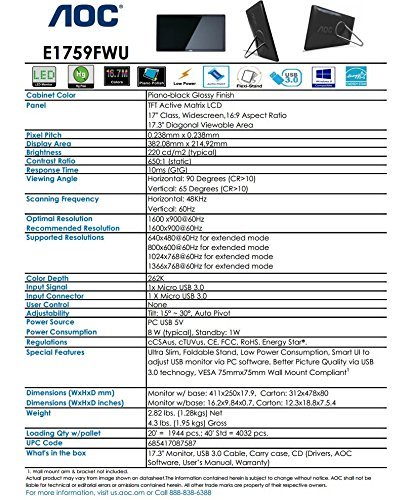 AOC e1759Fwu 17-Inch Ultra Slim 1600x900 Res, 220cd/m2 Brightness USB 3.0-Powered Portable LED Monitor w/ Case