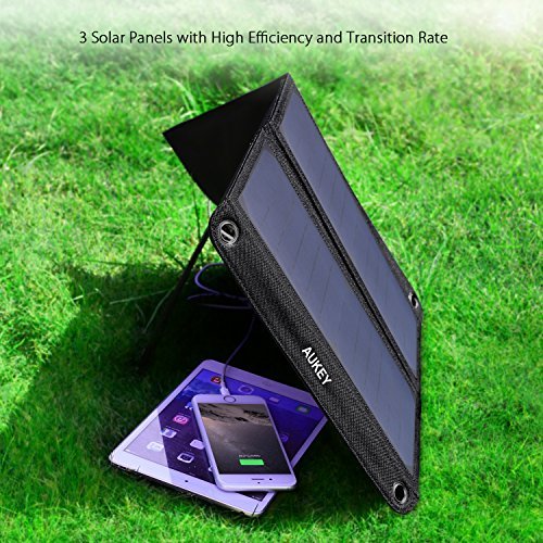 AUKEY 21W Solar Charger with SunPower Solar Panels, Stand, 2 USB Ports for Smartphones