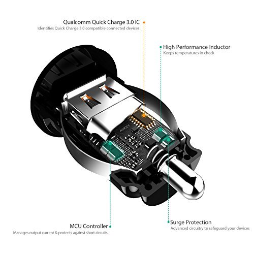 AUKEY Car Charger, Flush Fit Quick Charge 3.0 Port for Samsung Galaxy Note8 / S8 / S8+, LG G6 / V20, HTC 10 and More