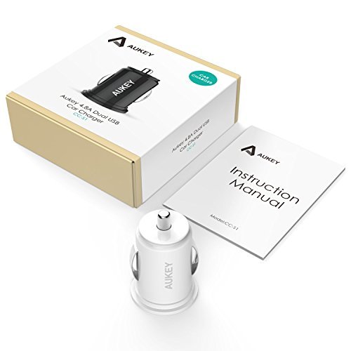 AUKEY Car Charger, ULTRA COMPACT Dual Port 4.8A Output for iPhone iPad Samsung & other - White
