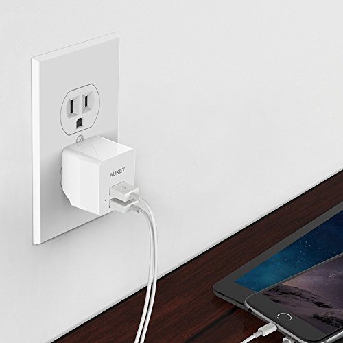 AUKEY USB Wall Charger, ULTRA COMPACT Dual Port 2.4A Output & Foldable Plug for iPhone iPad Samsung & Others - White