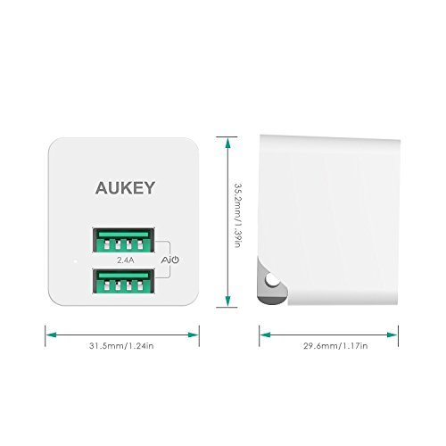 AUKEY USB Wall Charger, ULTRA COMPACT Dual Port 2.4A Output & Foldable Plug for iPhone iPad Samsung & Others - White