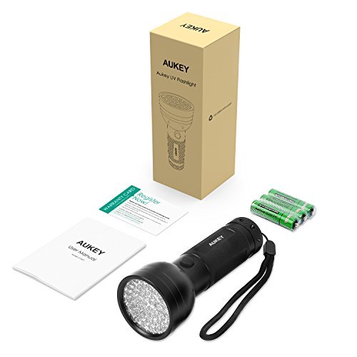 AUKEY UV Flashlight, 51 LEDs for Home & Hotel Inspection, Pet Urine & Stain Detection, Spot Counterfeit Money (Batteries Included)