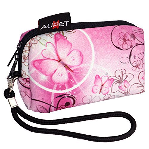 AUPET Pink Butterfly Design Digital Camera Case Bag Pouch Coin Purse with Strap For Sony Samsung Nikon Canon Kodak