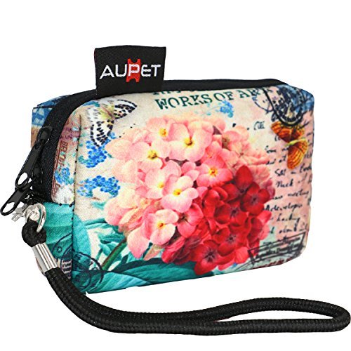 AUPET Pink Flowers Design Digital Camera Case Bag Pouch Coin Purse with Strap For Sony Samsung Nikon Canon Kodak