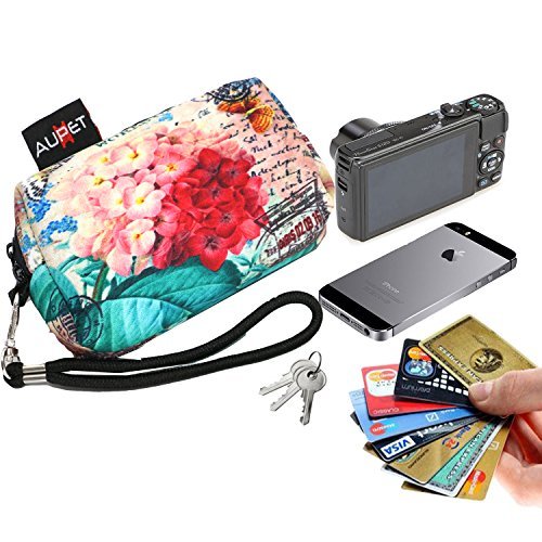 AUPET Pink Flowers Design Digital Camera Case Bag Pouch Coin Purse with Strap For Sony Samsung Nikon Canon Kodak
