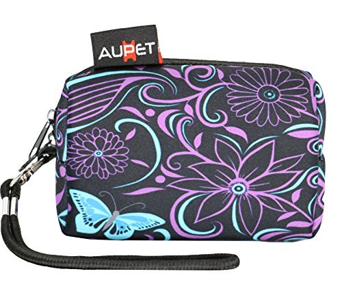 AUPET Purple Blue Flowers Digital Camera Case Bag Pouch Coin Purse with Strap For Sony Samsung Nikon Canon Kodak