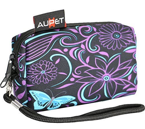 AUPET Purple Blue Flowers Digital Camera Case Bag Pouch Coin Purse with Strap For Sony Samsung Nikon Canon Kodak