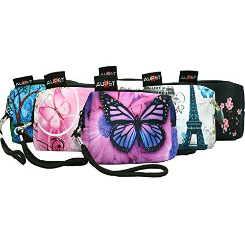 AUPET Purple Blue Flowers Digital Camera Case Bag Pouch Coin Purse with Strap For Sony Samsung Nikon Canon Kodak