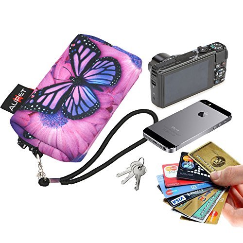 AUPET Purple Butterfly Design Digital Camera Case Bag Pouch Coin Purse with Strap For Sony Samsung Nikon Canon Kodak