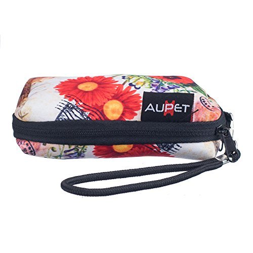 AUPET Red Flowers Design Digital Camera Case Bag Pouch Coin Purse with Strap For Sony Samsung Nikon Canon Kodak