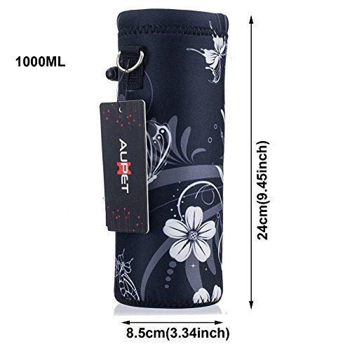 AUPET White Black 1L Water Bottle Insulated Neoprene Cover Storage Bag/Carrier Holder + Shoulder Strap 1000ML:PBC-031