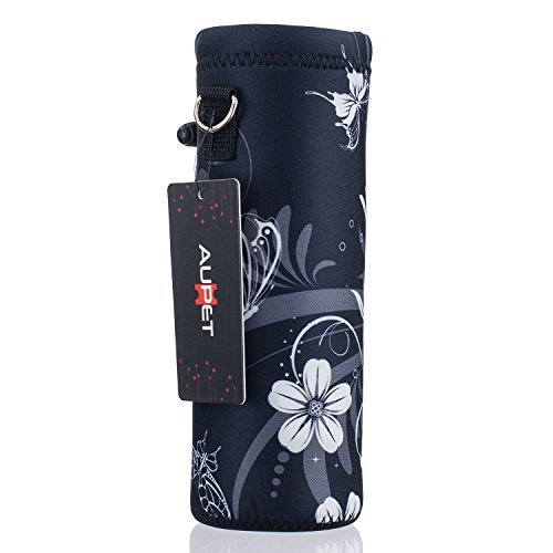 AUPET White Black 1L Water Bottle Insulated Neoprene Cover Storage Bag/Carrier Holder + Shoulder Strap 1000ML:PBC-031