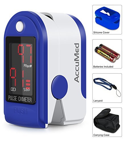 AccuMed CMS-50DL Finger Pulse Oximeter Blood Oxygen SpO2 Sports and Aviation Monitor w/ Carrying case, Landyard Silicon Case & Battery (Blue) 